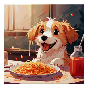 Poster Chien mangeant spaghetti
