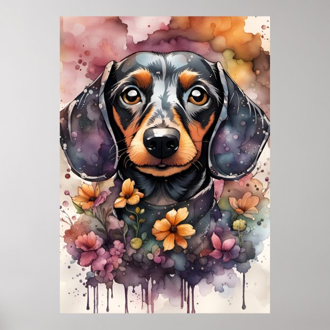 Poster Chien mignon Dachshund en aquarelle (Devant)