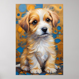 Poster Chien mignon en style Kandinsky - Doré et bleu