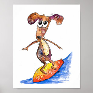 Poster Chien mignon Whimsical sur Surboard