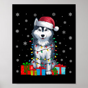 Poster Chien moche Noël éclaire Santa Hat Chien sibérien