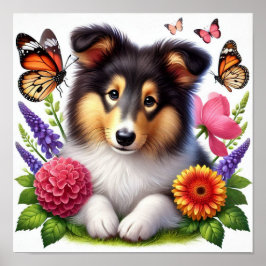 Poster Chien-mouton Shetland avec fleurs et papillons