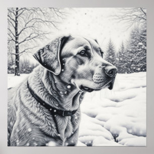 Poster Chien noir et blanc AI Croquis hiver scène