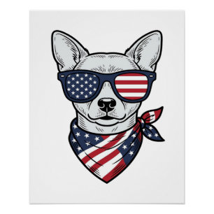 Poster Chien Patriotique avec Lunettes de Soleil Drapeau