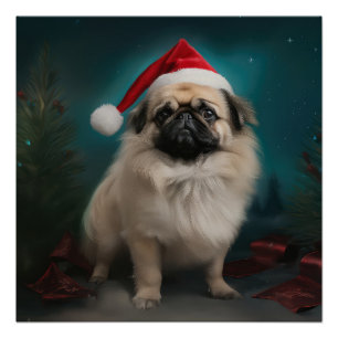 Poster Chien pekingese pendant Noël de neige