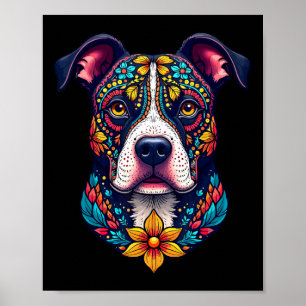 Poster Chien Pitbull Crâne de Sucre Mexicain Dia De Muert