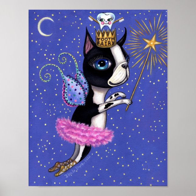Poster Chien poilu de dents Boston Terrier Pink Tutu Crow (Devant)