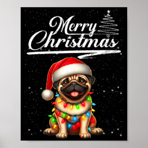 Poster Chien Pug Drôle Lumières de Noël Chapeau de Père N