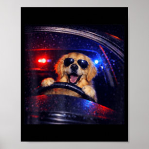 Poster Chien Retriever Doré Policier Drôle Conduisant une