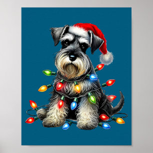Poster Chien Schnauzer Noël Chapeau Santa Xmas Lumière Fê