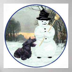 Poster Chien Scottie et bonhomme de neige