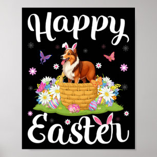 Poster Chien Sheltie Joyeuses Pâques Chasse aux œufs Lapi