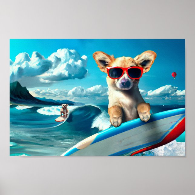 Poster Chien sur le Surboard portant des lunettes de sole (Devant)