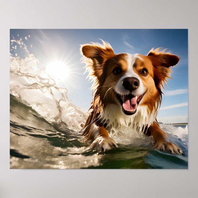 Poster Chien sur planche de surf (Devant)