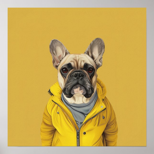 Poster Chien-taureau français chic en veste jaune (Devant)