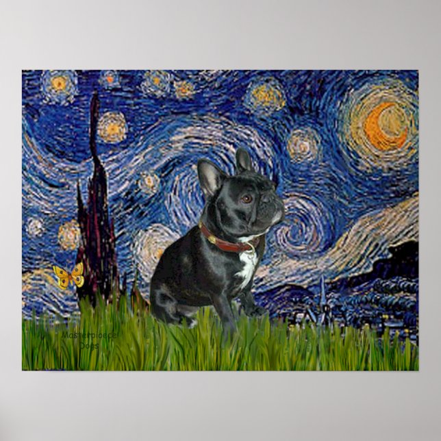 Poster Chien-taureau français (noir 11) - Nuit étoilée (Devant)