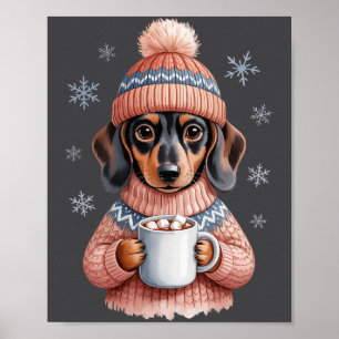 Poster Chien Teckel Confortable Avec Un Chocolat Chaud Va