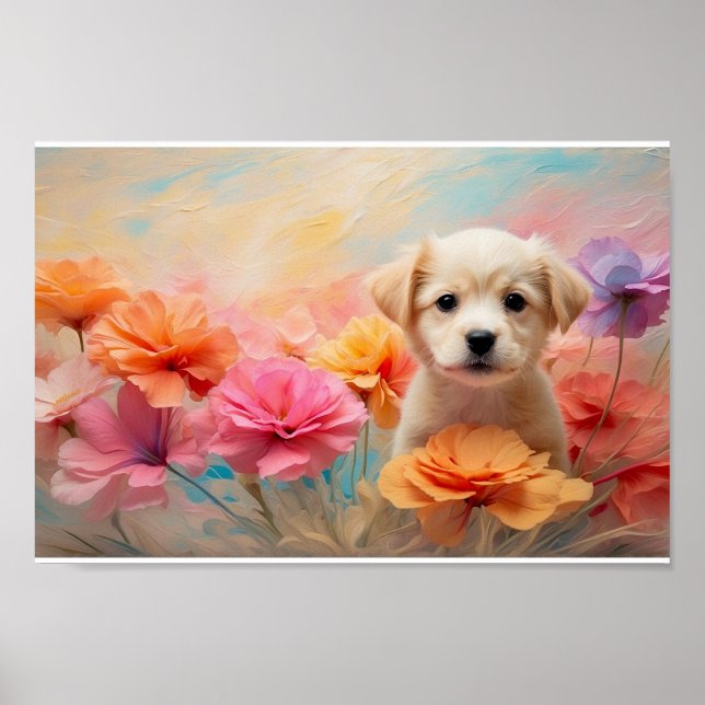 Poster Chien téléchargeable entouré de fleurs pastel (Devant)