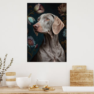 Poster Chien Weimaraner avec fleurs | Élégant portrait d'