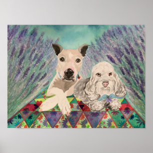 Poster Chiens avec courtepointe dans le champ lavande
