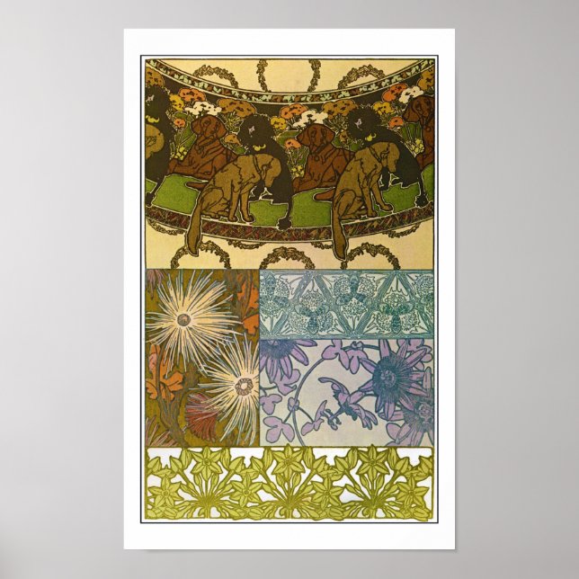 Poster Chiens & Fleurs de style Art Nouveau, Mucha (Devant)