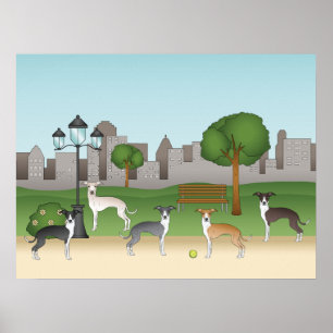 Poster Chiens Grisons Italiens Dans Un Parc Dessin Carica
