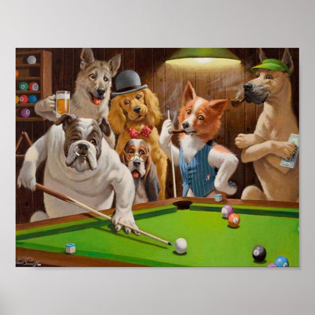Poster Chiens jouant au billard de piscine par Cassius Ma (Devant)