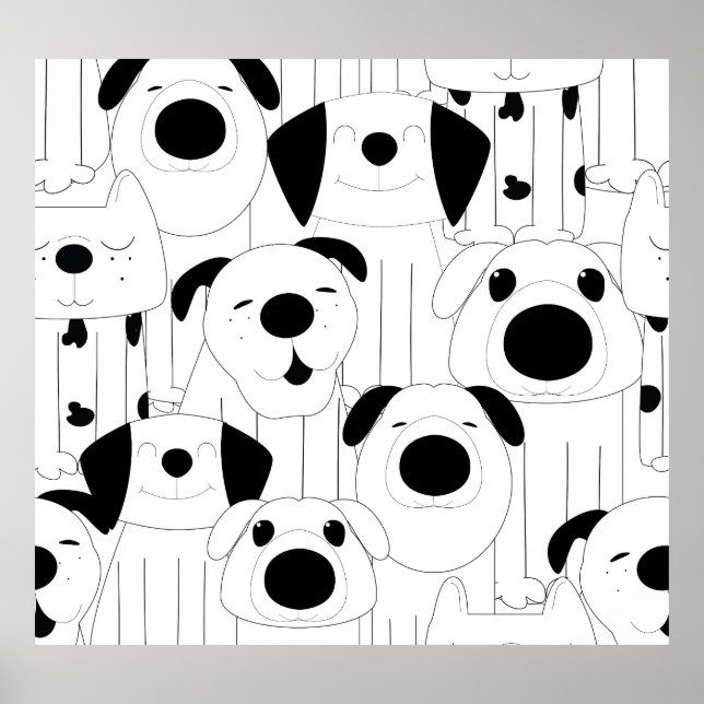 Poster Chiens mignons : dessin animé noir, blanc. (Devant)