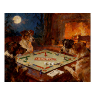 Poster Chiens mignons drôles jouant à un jeu de société