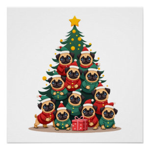 Poster Chiens Pug Arbre de Noël Mignon Noël (2)