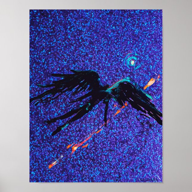 Poster Chiffre à ailes foncées volant à travers l'espace (Devant)
