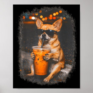 Poster Chihuahua avec des lunettes buvant du café glacé c