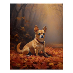 Poster Chihuahua dans les feuilles d'automne tombées insp