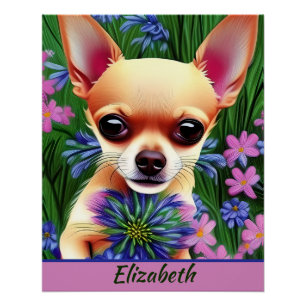 Poster Chihuahua Puppy dans la prairie de fleurs Personna