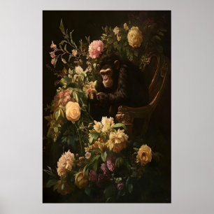 Poster Chimp & Blooms Dark Academia Art Floral, Vintage