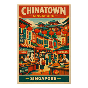 Poster Chinatown à Singapour voyage rétro