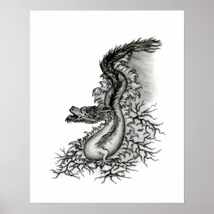 Poster Chine Dragon, noir et blanc Design en Tattoostyl