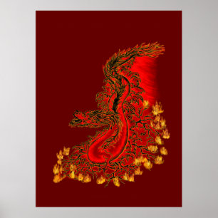 Poster Chine Dragon rouge et or design