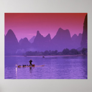 Poster Chine, Guanxi. Rivière Li cormoran unique