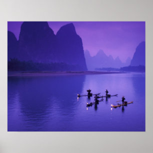 Poster Chine, rivière Li. Pêcheurs au cormoran.