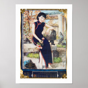 Poster Chinois vintage et Shanghai Femme Marine Cheongsam