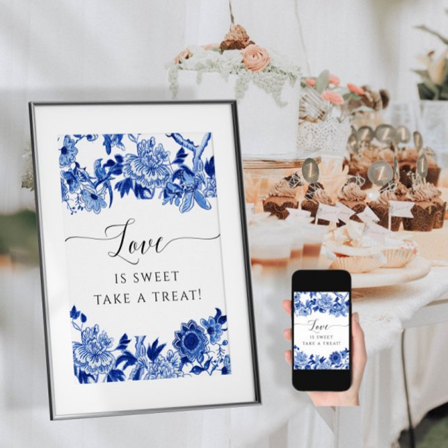 Poster Chinoiserie Bleu et Blanc L'amour est un Délicieux (Créateur téléchargé)