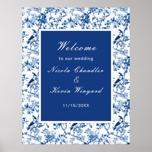 Poster Chinoiserie Blue Birds and Flowers Mariage (Devant)