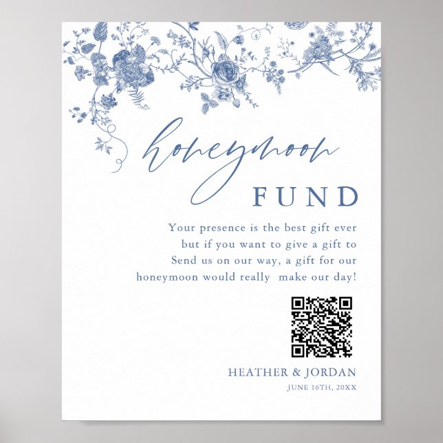 Poster Chinoiserie Blue Floral Mariage Honeymoon Fund (Devant)