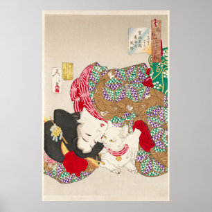 Poster Chinoiserie Dame Japonaise & Chat Art du Kimono