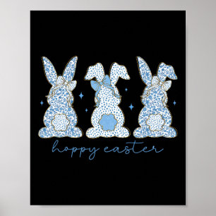 Poster Chinoiserie Florale Bleue Joyeuse Pâques Trois Bun