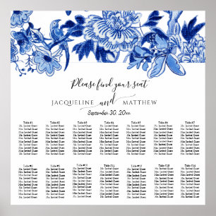 Poster Chinoiserie Marine Bleu Blanc Floral Carte de sièg