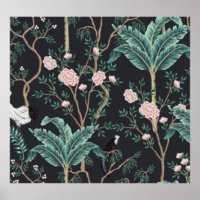 Poster Chinoiserie Oiseaux exotiques : Mur de bananier Vi (Devant)