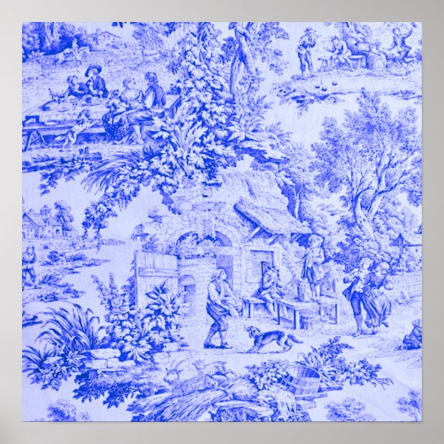 Poster Chinoiserie Toile Blanc Bleu Français Style Rustiq (Devant)