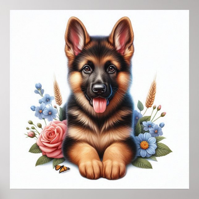 Poster Chiot allemand jouant avec fleurs (Devant)